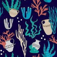 Vector Seamless Pattern with Multicolor Seaweed Shapes and Old Ancient Jugs and Dishes at the Bottom of the Ocean. Bright Print for fabric, wrapping, textile, wallpaper, apparel.