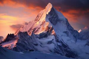 puesta de sol pinturas vibrante matices en un escarcha tapado montaña debajo un escaladores Mira foto