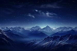 Moonlit snow covered peaks in serene winter night background with empty space for text photo