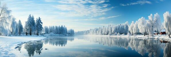 Winter sky mirrored in tranquil frozen lake background with empty space for text photo