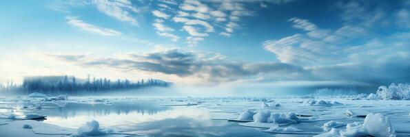 invierno cielo reflejado en tranquilo congelado lago antecedentes con vacío espacio para texto foto