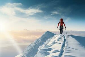 solitario trepador ascendente nieve cubierto cresta antecedentes con vacío espacio para texto foto