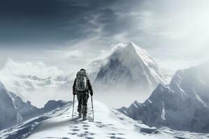 Emotion etched mountaineer resolute against harsh infinity of winter wilderness photo