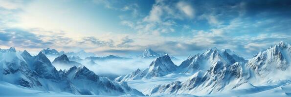 Frigid alpine panorama with swirling cloud inversion background with empty space for text photo