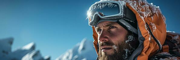 Reflective snow mirrors fearless climber scaling a frosty mountain face photo