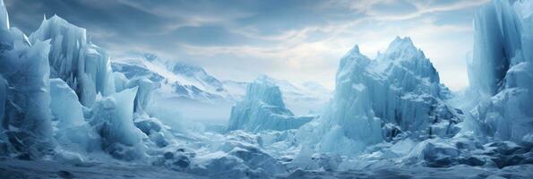 Intricate ice formations on high altitude crag background with empty space for text photo