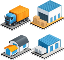 isometric warehouse icons set, with trucks, containers, and buildings png