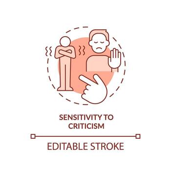 2d editable Delgado línea icono sensibilidad a crítica concepto, monocromo aislado vector, rojo ilustración representando codependiente relación. vector