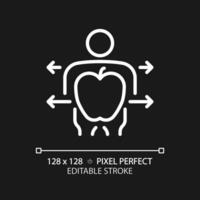 2D pixel perfect editable white healthy human and fruit icon, isolated monochromatic vector, thin line illustration representing metabolic health. vector