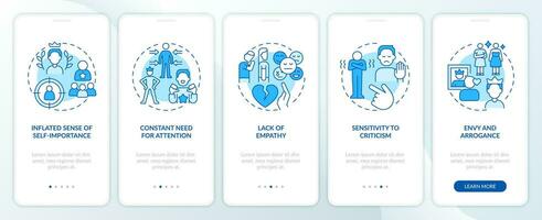 2D icons representing codependent relationship mobile app screen set. Walkthrough 5 steps blue graphic instructions with thin line icons concept, UI, UX, GUI template. vector