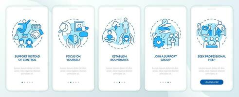 2D icons representing codependent relationship mobile app screen set. Walkthrough 5 steps blue graphic instructions with line icons concept, UI, UX, GUI template. vector