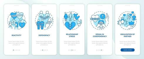 2D icons representing codependent relationship mobile app screen set. Walkthrough 5 steps blue graphic instructions with thin line icons concept, UI, UX, GUI template. vector