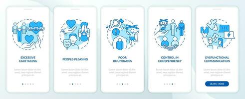 2D icons representing codependent relationship mobile app screen set. Walkthrough 5 steps blue graphic instructions with thin line icons concept, UI, UX, GUI template. vector