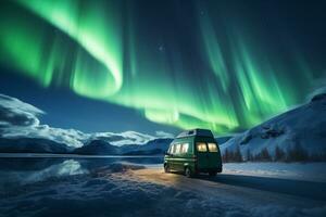 Magical Aurora Borealis display over winter van background with empty space for text photo