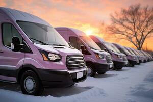 Snow covered vans at dawn celebrating frosty mornings with first light photo