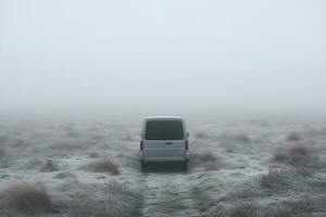 Misty winters day van view background with empty space for text photo