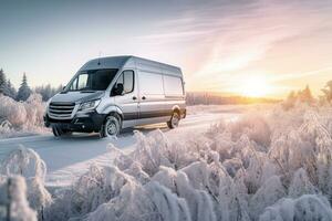 Frost covered van glistening under dawns first light background with empty space for text photo