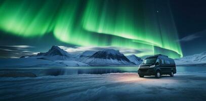 Magical Aurora Borealis display over winter van background with empty space for text photo