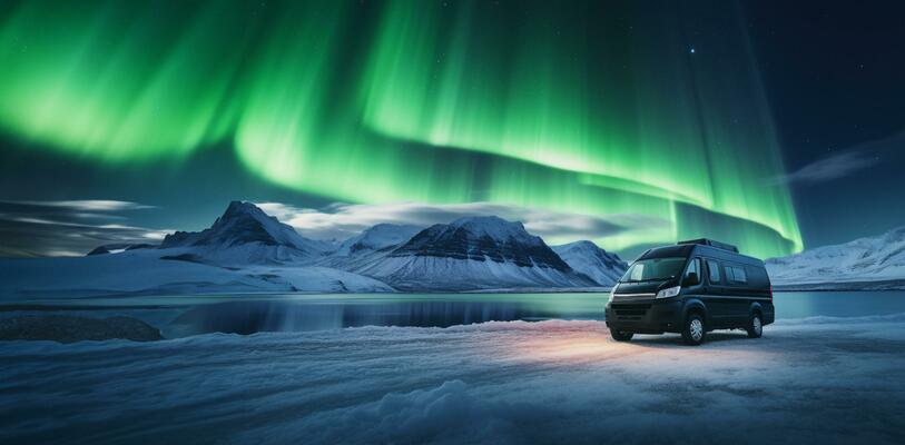 Magical Aurora Borealis display over winter van background with empty space for text