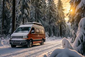 Van parked amidst snow draped pines narrating tales of chilly wilderness encounters photo