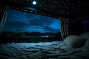 Starry night skies viewed through vans rooftop window background with empty space for text photo