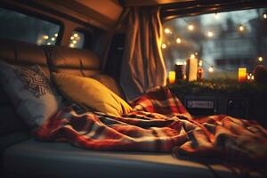 Cozy van interior illuminated with warm lights background with empty space for text photo