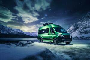 Magical Aurora Borealis display over winter van background with empty space for text photo