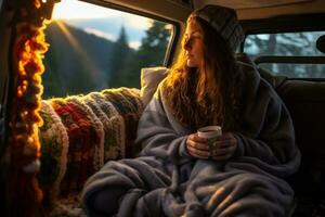 Winter van dwellers savoring hot drinks embodying cozy mornings on wheels photo