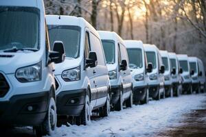 Snow covered vans at dawn celebrating frosty mornings with first light photo