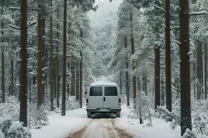 Van parked amidst snow draped pines narrating tales of chilly wilderness encounters photo