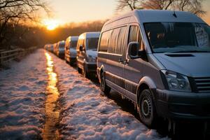 Snow covered vans at dawn celebrating frosty mornings with first light photo