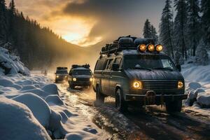 Steaming natural hot springs amidst snow a contrast in winter vanlife photo