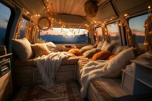 Cozy van interior illuminated with warm lights background with empty space for text photo