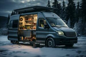 Winter van kitchen setup amidst snowfall background with empty space for text photo