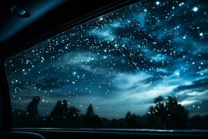 Starry night skies viewed through vans rooftop window background with empty space for text photo