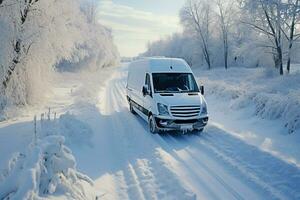 Snow laden road trailing behind the van background with empty space for text photo