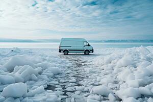 Icy seaside view from vans cozy interior background with empty space for text photo