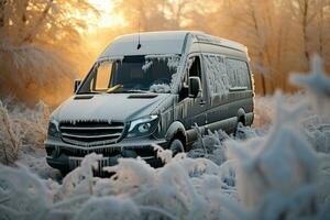 Frost covered van glistening under dawns first light background with empty space for text photo