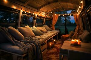 Cozy van interior illuminated with warm lights background with empty space for text photo