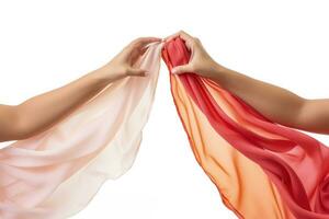 Close up of aerial silk fabrics and performers hands isolated on a white background photo