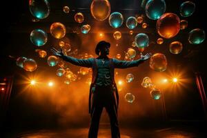 Jugglers in motion capturing dynamic throws and catches under circus lights photo