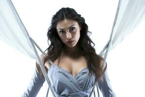 Intense gaze of an aerial silk performer mid action isolated on a white background photo