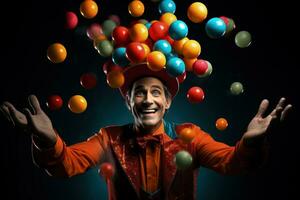 Vibrant jester juggling glowing balls mid air isolated on a white background photo