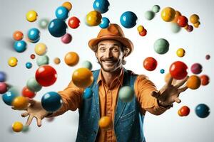 Juggler in motion throwing colorful balls isolated on a white background photo