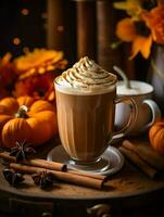 Pumpkin spice latte, iced coffee background photo, Generative AI photo