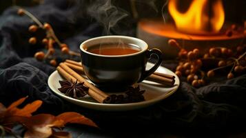 Pumpkin spice cup of tea stock photo, cozy teatime autumn drink, Generative AI photo