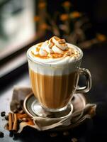 calabaza especia latté, con hielo café antecedentes foto, generativo ai foto