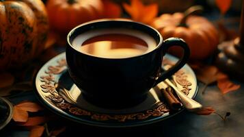 Pumpkin spice cup of tea stock photo, cozy teatime autumn drink, Generative AI photo