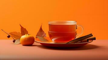 Pumpkin spice cup of tea stock photo, cozy teatime autumn drink, Generative AI photo