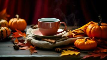 Pumpkin spice cup of tea stock photo, cozy teatime autumn drink, Generative AI photo
